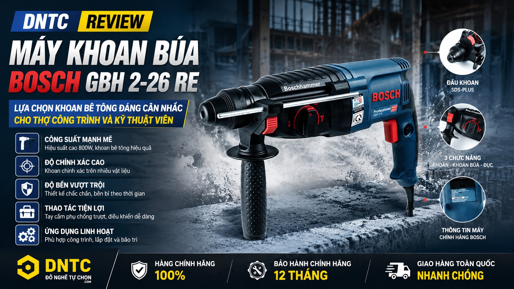 DNTC Review Máy Khoan Búa Bosch GBH 2-26 RE: Lựa chọn khoan bê tông đáng cân nhắc cho thợ công trình và kỹ thuật viên