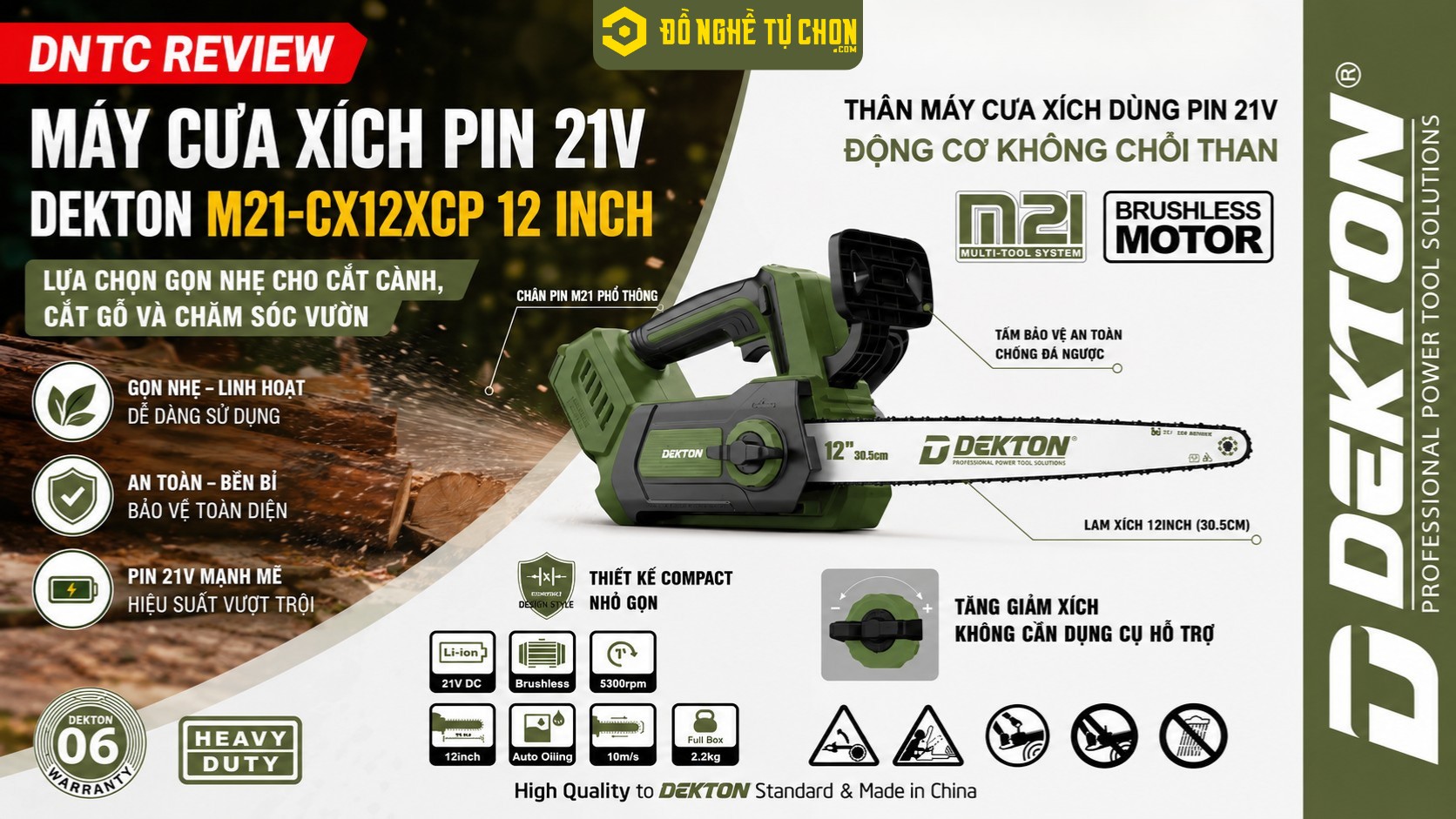 DNTC Review Máy Cưa Xích Pin 21V Dekton M21-CX12XCP 12 Inch: Lựa chọn gọn nhẹ cho cắt cành, cắt gỗ và chăm sóc vườn