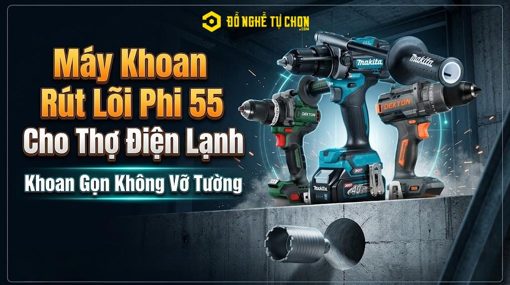# Máy Khoan Rút Lõi Phi 55 Cho Thợ Điện Lạnh – Khoan Gọn Không Vỡ Tường