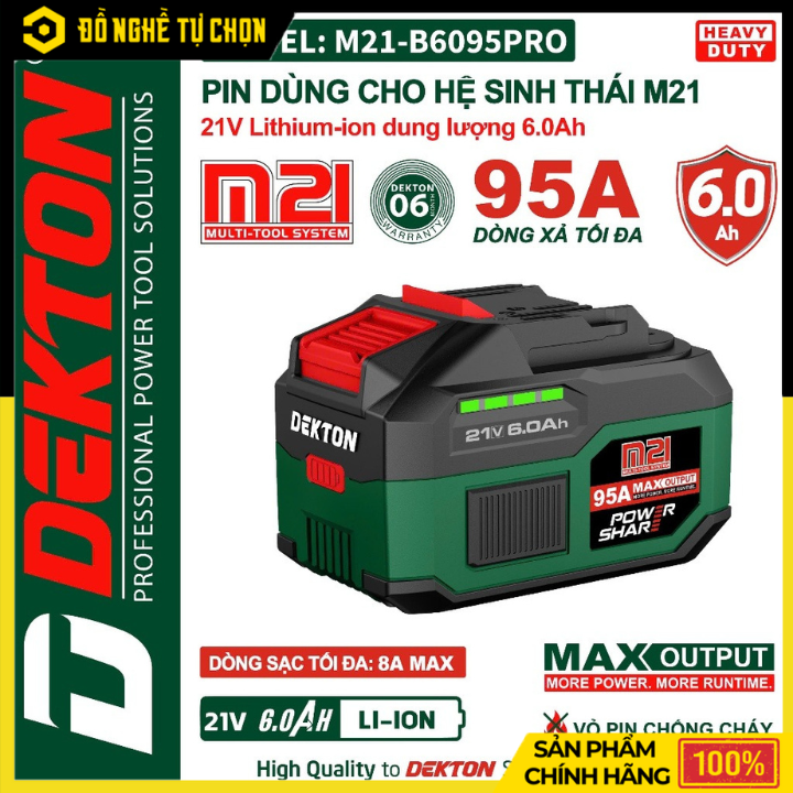 Bộ pin sạc bằng Ion Liti (ắc quy) hiệu DEKTON; Model: M21-B6095PRO, 21V, 6.0Ah