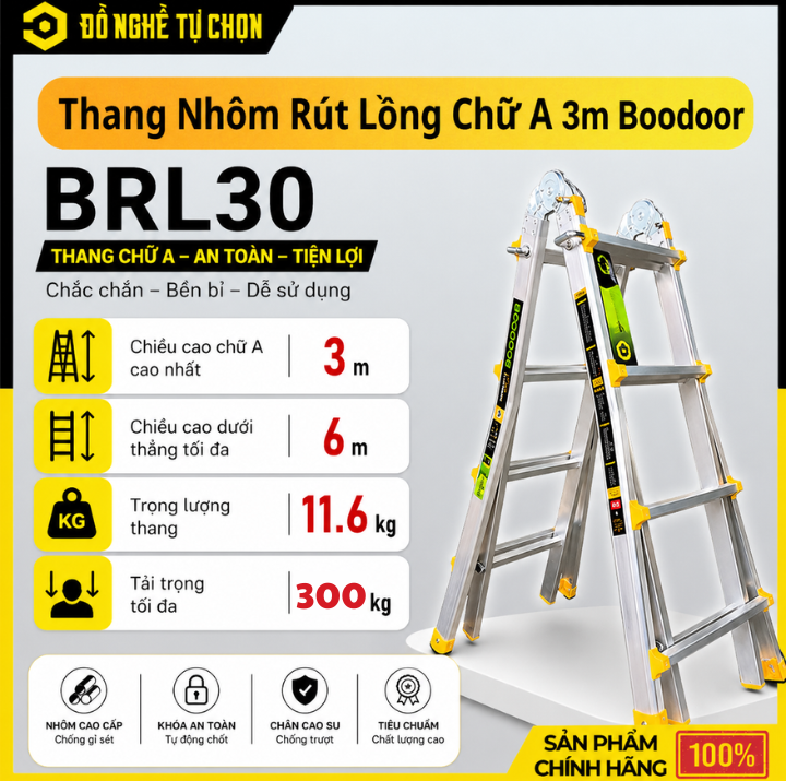 Thang Nhôm Rút Lồng 3m Boodoor BRL30 – Duỗi Thẳng 6m, Nhôm Dày 2.4mm ...