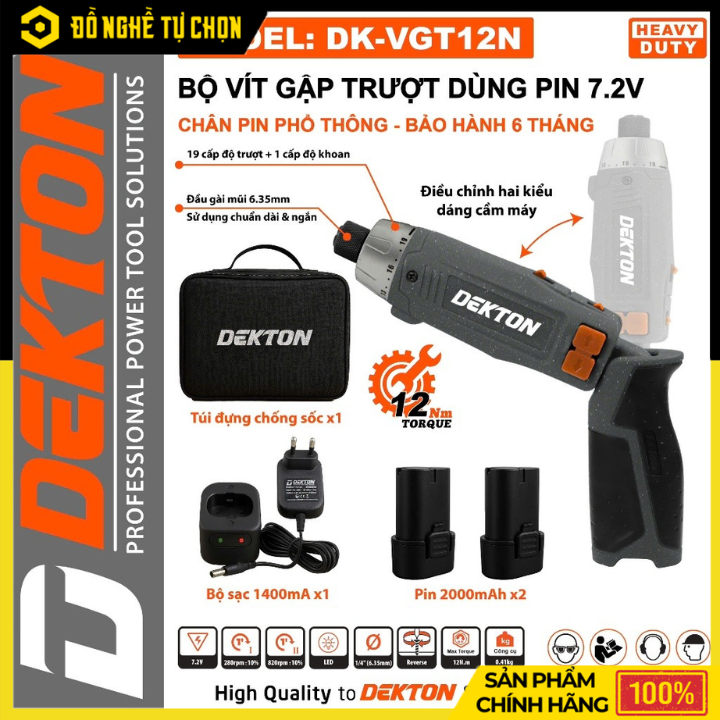 Máy vặn vít gập Dekton DK-VGT12N – Pin 7.2V – 2 Pin 2.0Ah + Sạc – Hàng Chính Hãng Có VAT