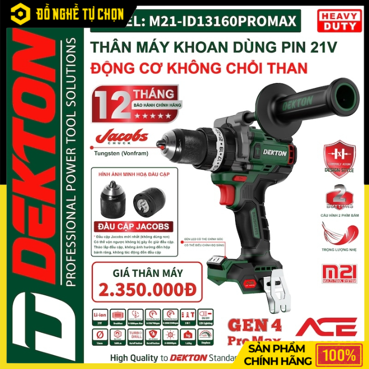 Thân Máy Khoan Pin 21V Dekton M21-ID13160PROMAX – Không Chổi Than – Kickback Control – Hàng Chính Hãng Có VAT