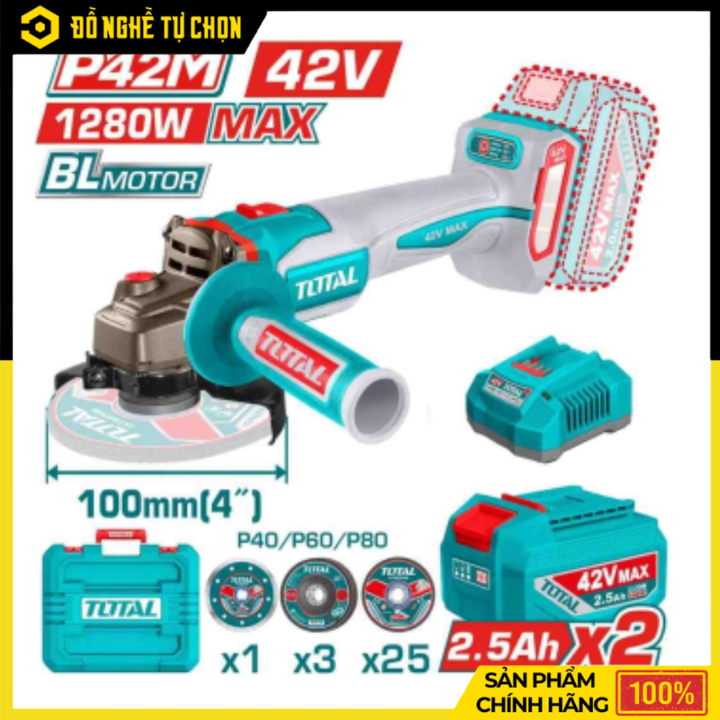 Máy Mài Góc Dùng Pin TOTAL TAGLI4128102 – 42V Không Dây – 2 Pin 2.5Ah + 1 Sạc – Công Suất 1280W – Chính Hãng Có VAT