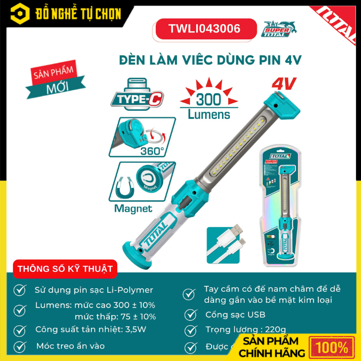 Đèn làm việc dùng pin lithium-ion-Hiệu Total- Model: TWLI043006 -4V