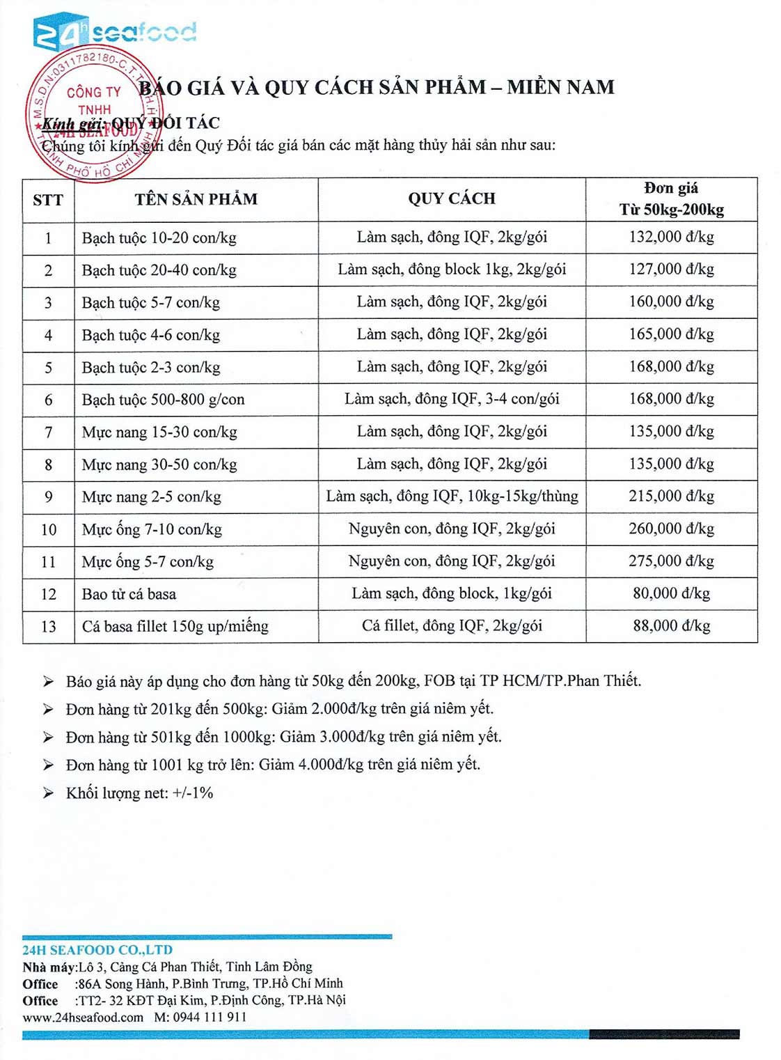 Bảng Giá Hải sản Đông lạnh 24hSeafood (cập nhật 01/01/2026)