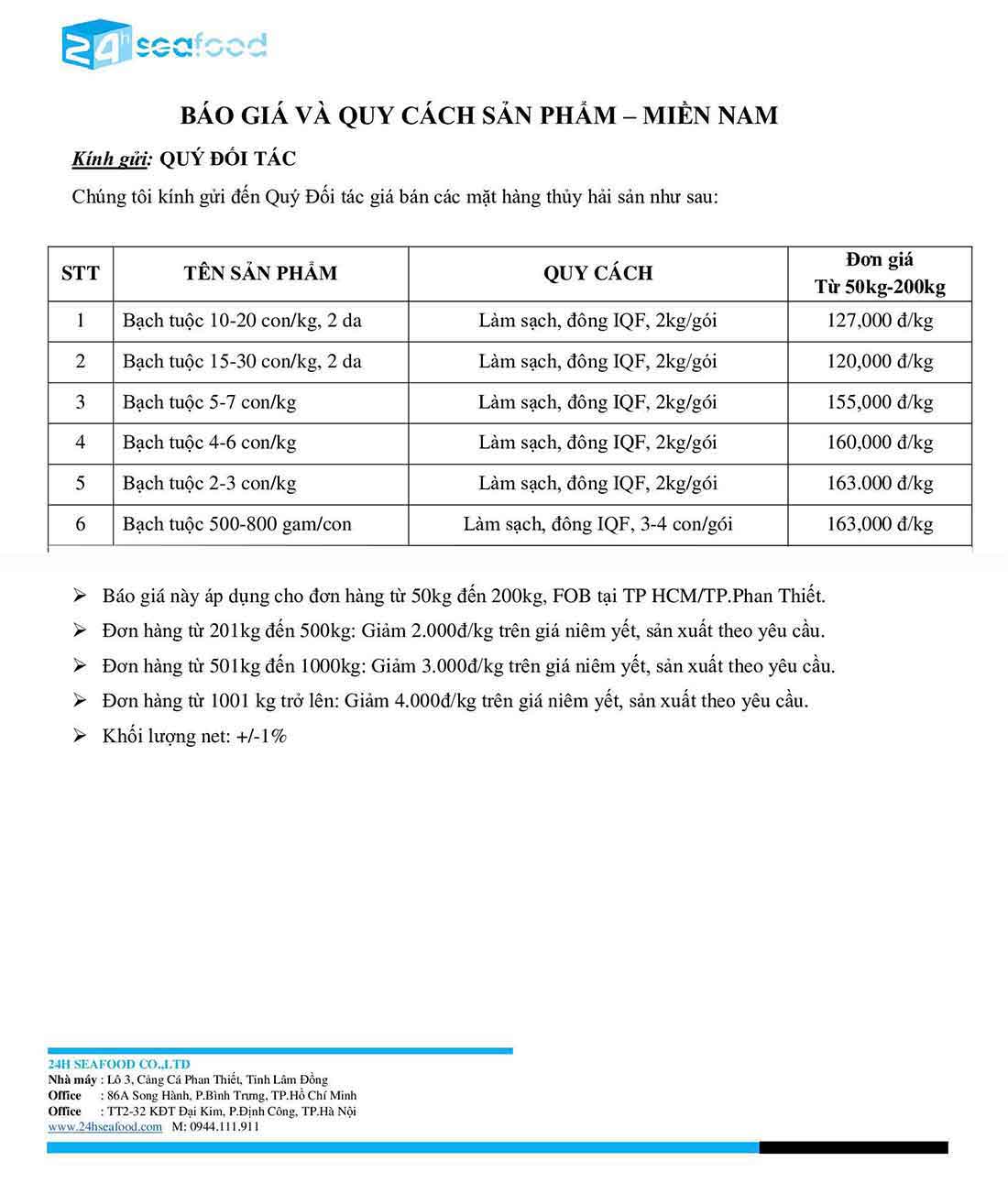 Bảng Giá sỉ Bạch tuộc Đông lạnh Các loại của 24hSeafood