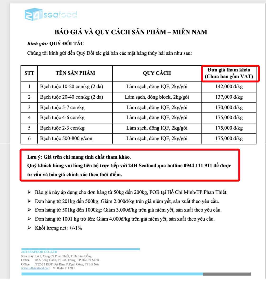 Bảng giá Sỉ cho Sản phẩm Bạch tuộc Đông lạnh Các loại của Công ty 24hSeafood