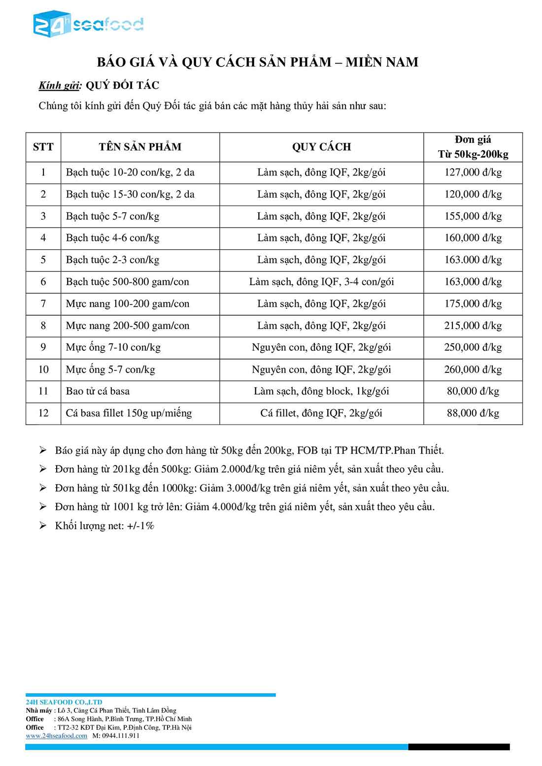 Bảng Giá sỉ Hải sản Đông lạnh Các loại của 24hSeafood