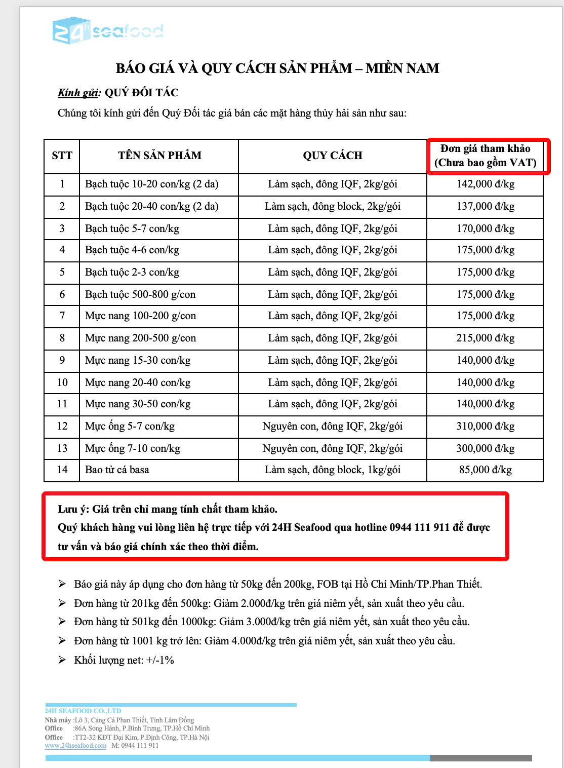 Bảng giá Sỉ cho Hải sản Đông lạnh Các loại của Công ty 24hSeafood