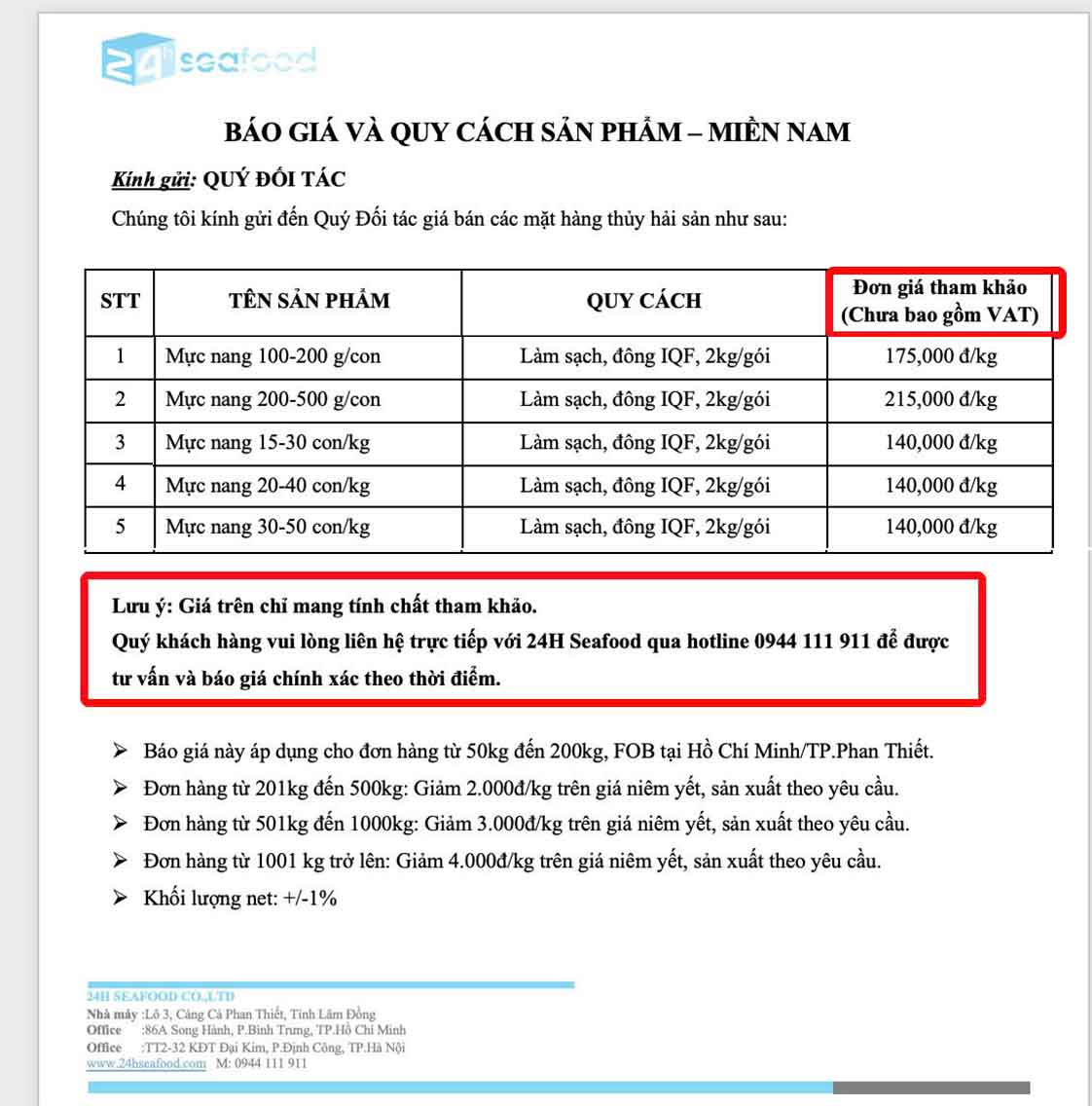 Bảng giá Sỉ cho Sản phẩm Mực nang Đông lạnh Các loại của Công ty 24hSeafood