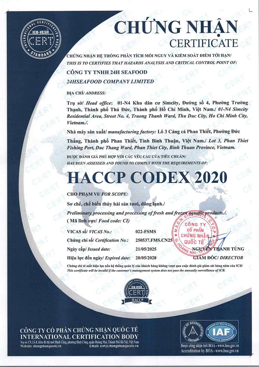 cơ sở chế biến bao tử cá ba sa nhà máy 24hseafood đạt tiêu chuẩn HACCP