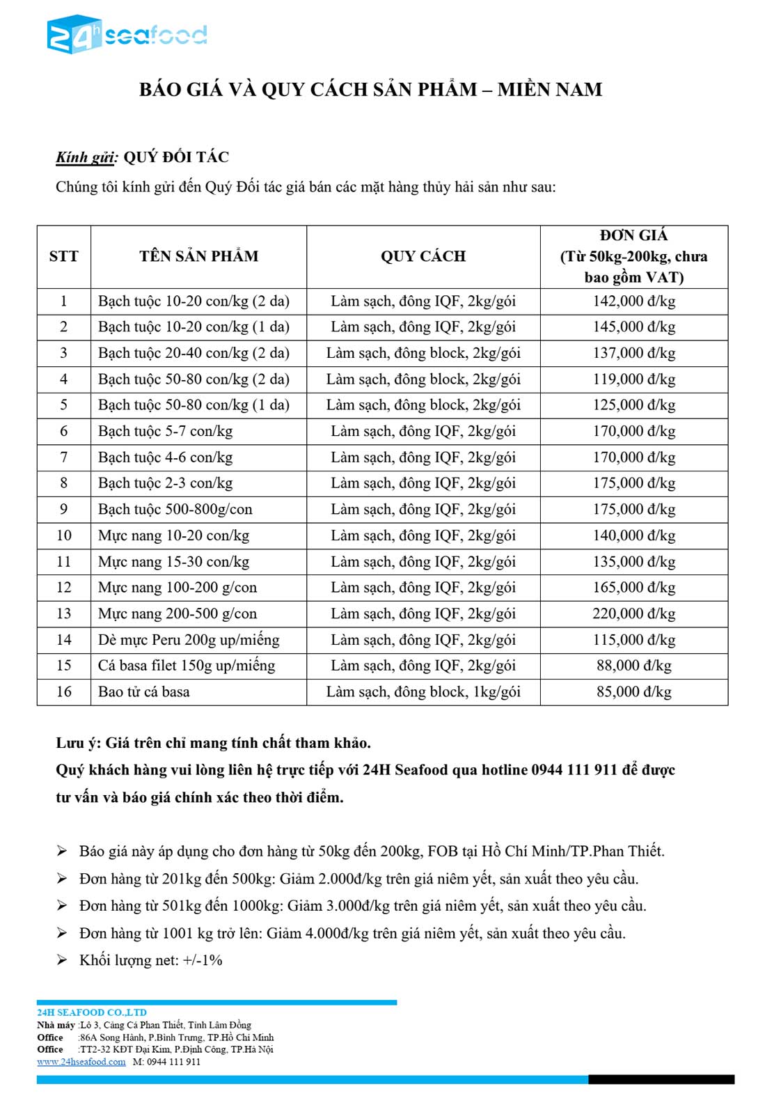 Bảng Giá Sỉ Hải sản Đông lạnh Các loại - Tháng 10/2026