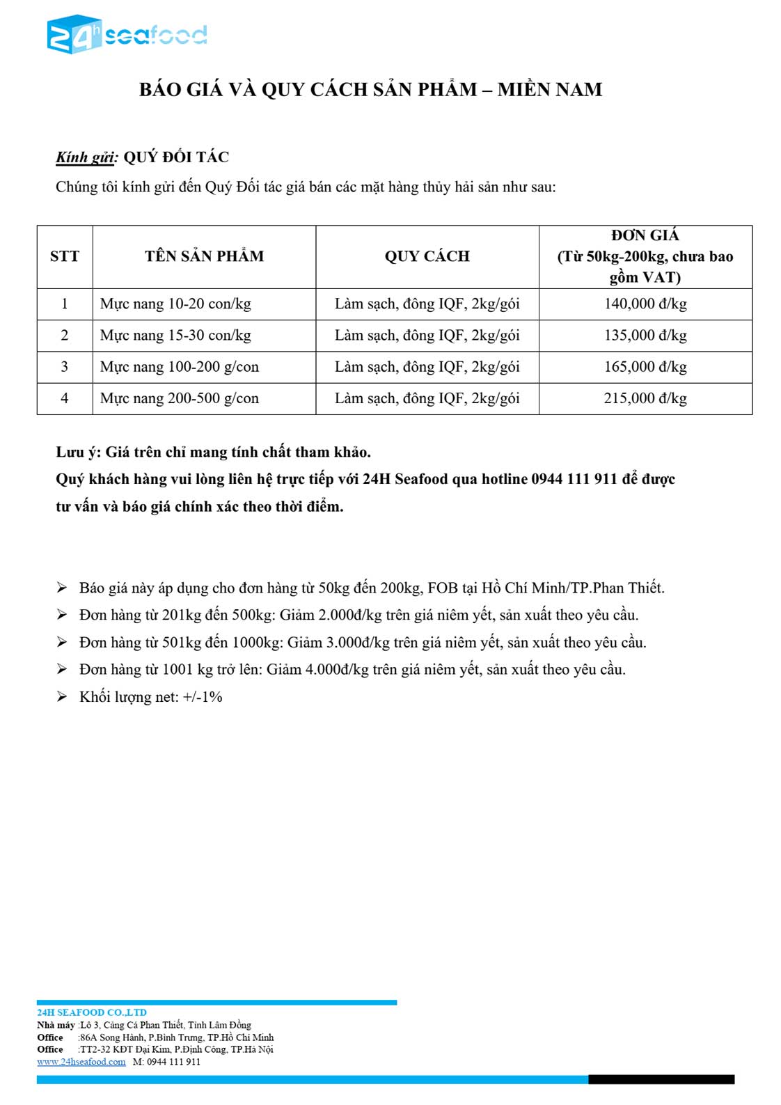 Bảng Giá Sỉ Mực nang Đông lạnh Các loại - Tháng 10/2026