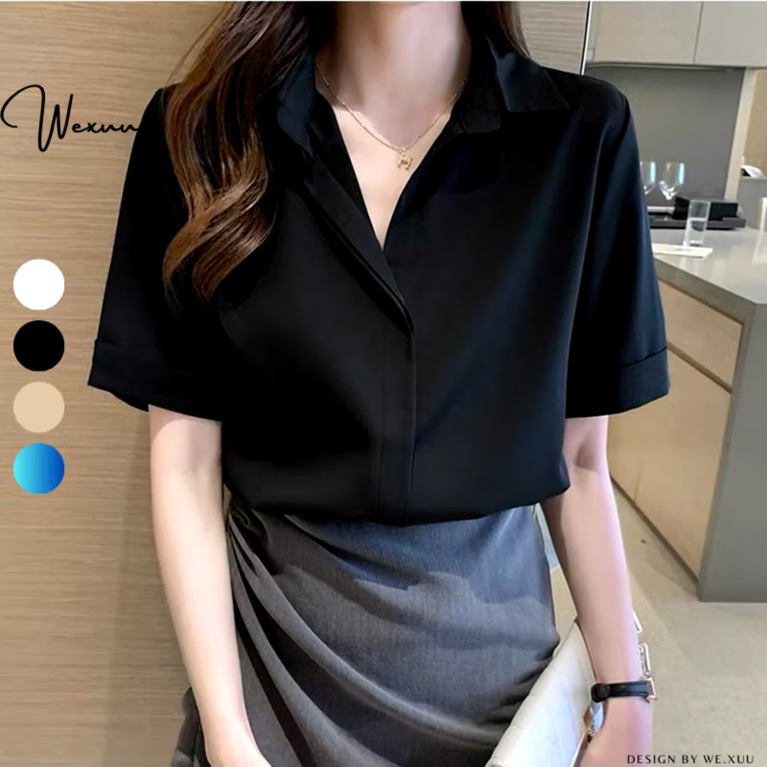 Áo sơ mi Đen cổ chữ V
