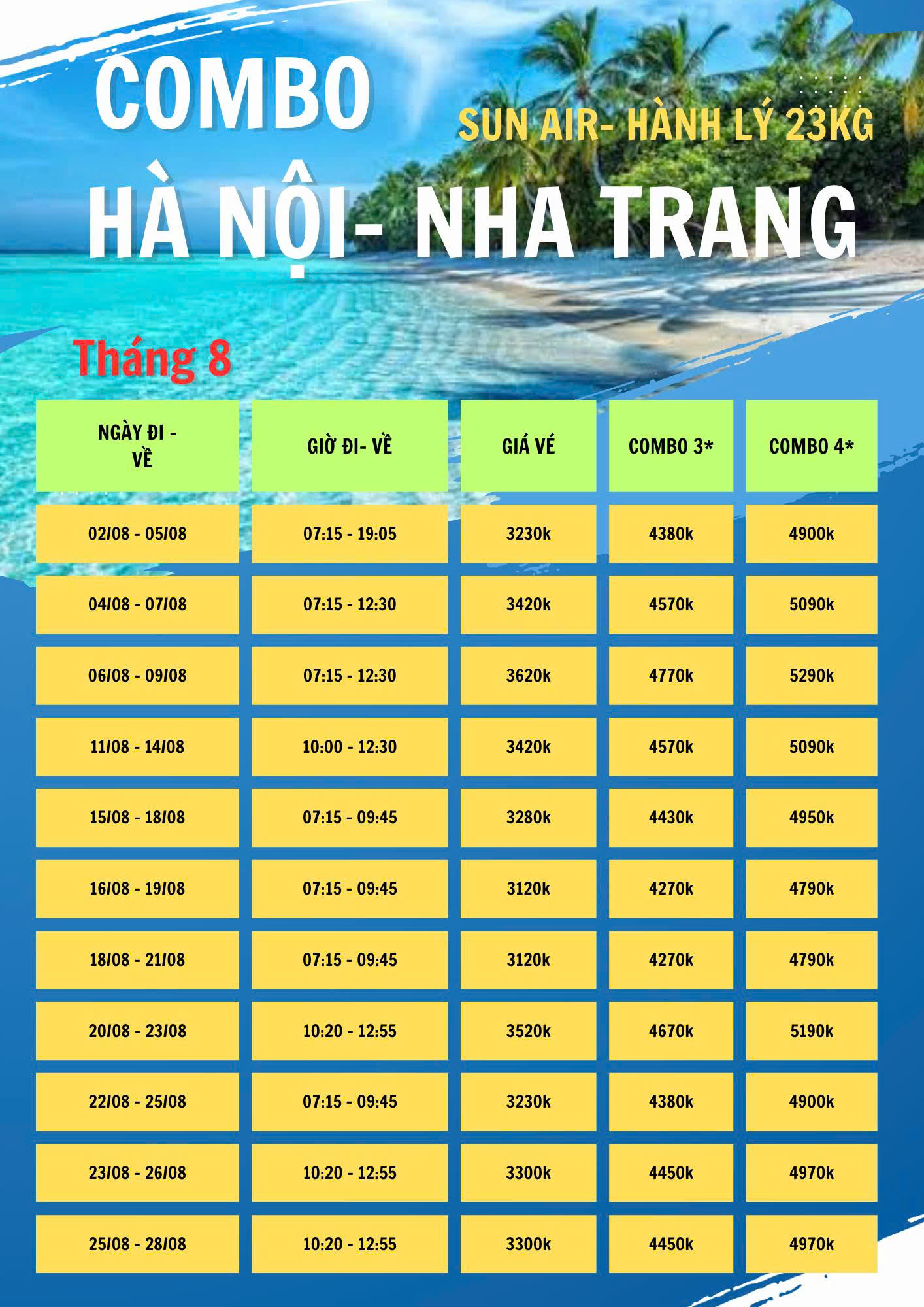 Combo Hà Nội - Nha Trang 4 Ngày 3 Đêm Sun Air | Vé Máy Bay + Khách Sạn Từ 2.860K