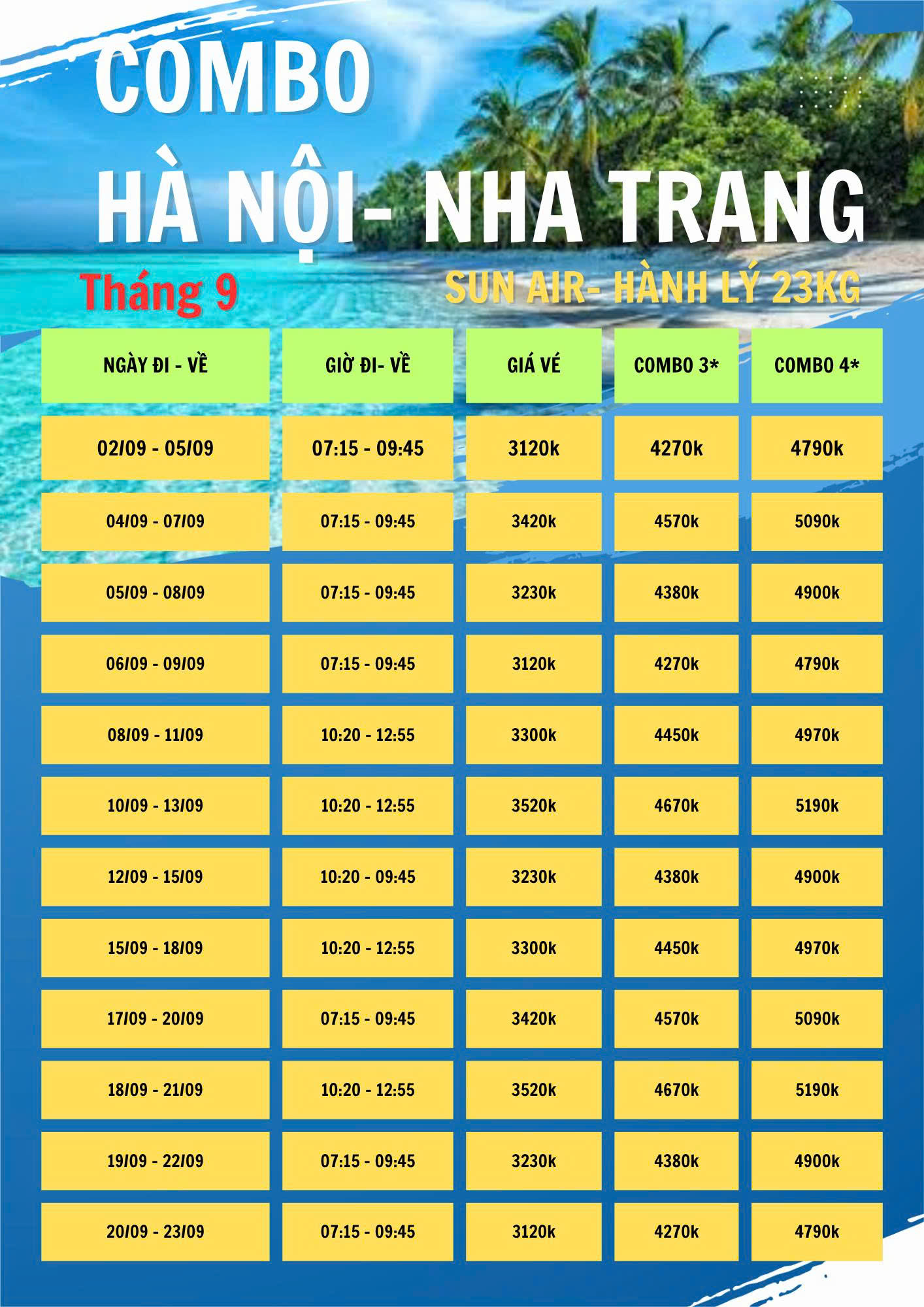 Combo Hà Nội - Nha Trang 4 Ngày 3 Đêm Sun Air | Vé Máy Bay + Khách Sạn Từ 2.860K