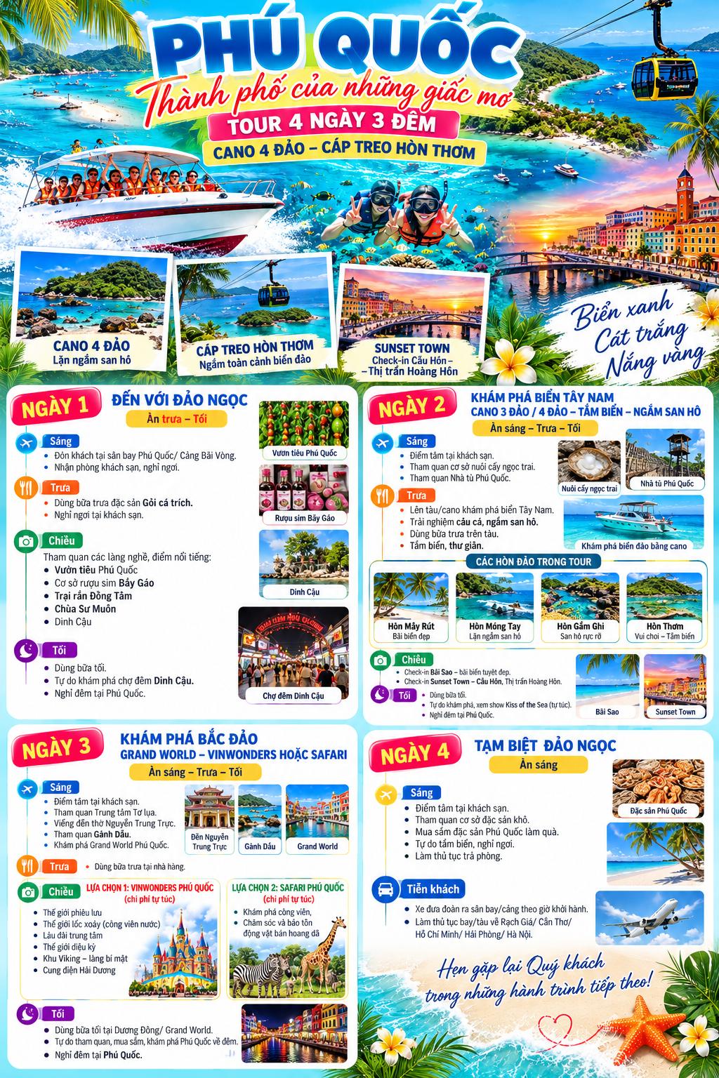 Tour Phú Quốc 4N3Đ Cano 4 Đảo, Cáp Treo Hòn Thơm | HT Việt Nam
