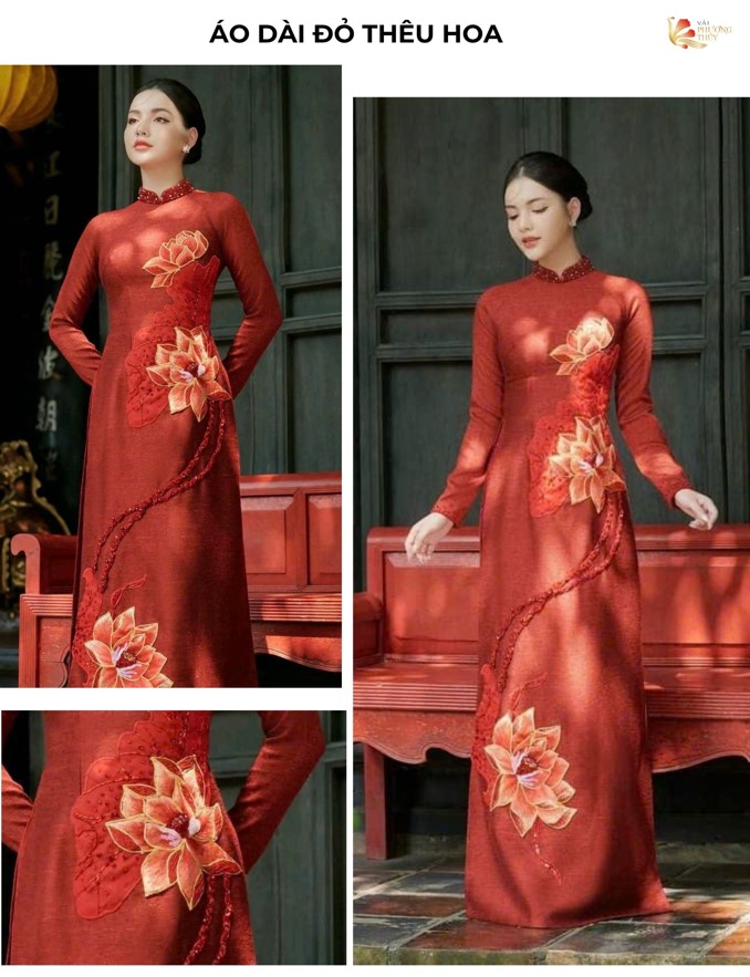 Áo dài đỏ thêu hoa