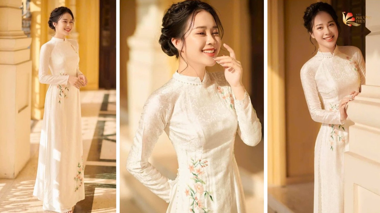 Áo dài gấm trắng truyền thống cho nữ