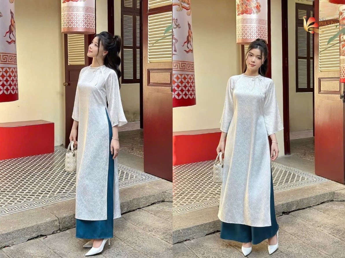 Áo dài gấm trắng phối quần xanh trẻ trung