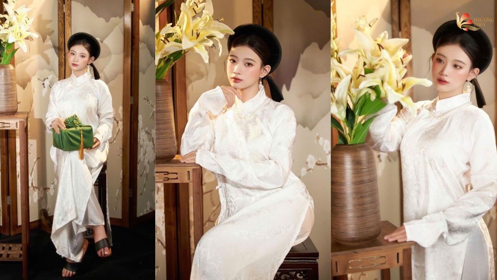 Mẫu áo dài gấm trắng truyền thống với phom rộng hiện đại