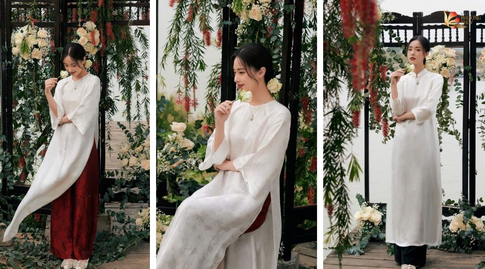 Mẫu áo dài gấm trắng cách tân nữ