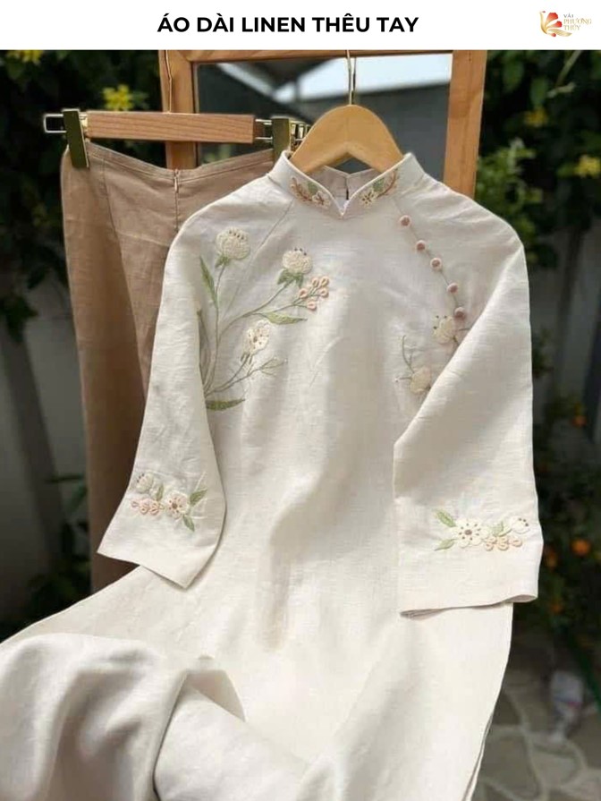 Áo dài linen thêu tay