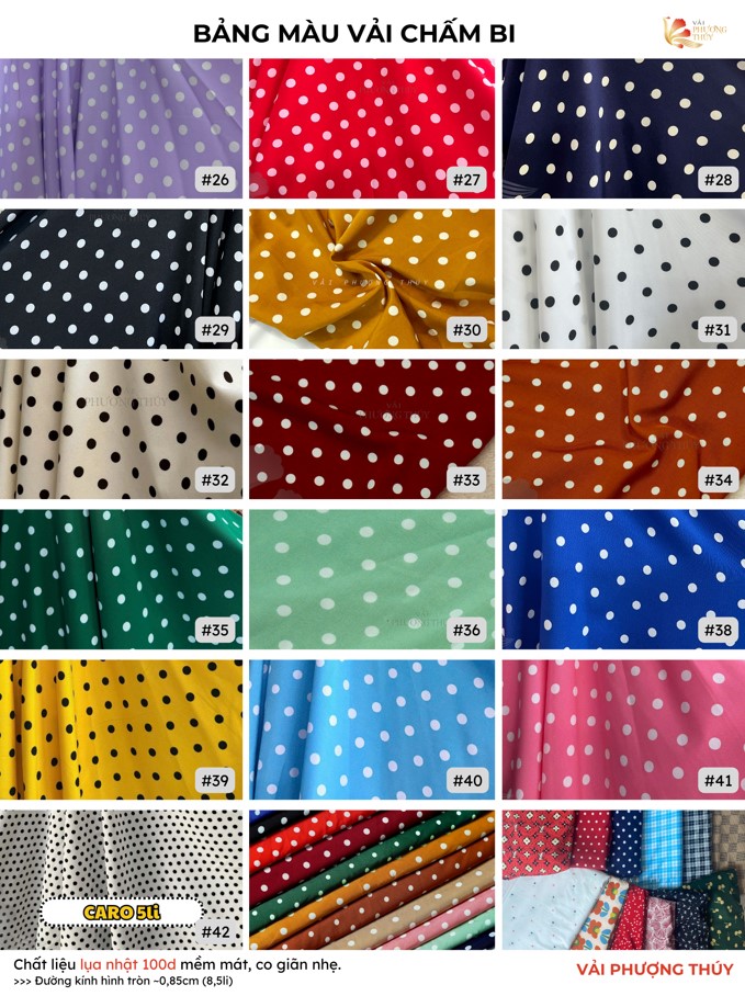 Bảng màu vải chấm bi lụa nhật 100d tại Vải Phượng Thúy