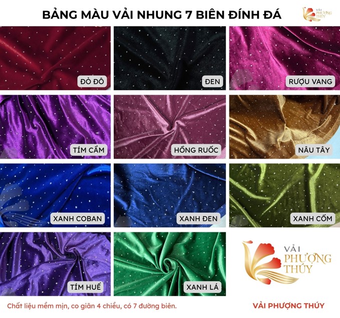 Bảng màu nhung 7 biên đính đá | Vải Phượng Thúy