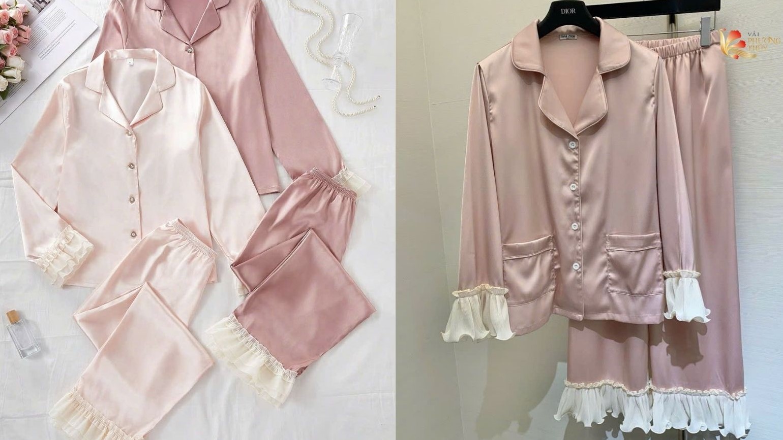 Đồ ngủ pijama lụa hồng pastel phối tay bèo