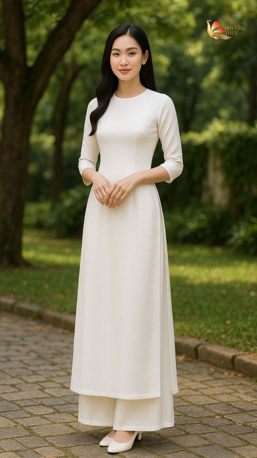Áo dài gấm trắng cổ tròn tay lở