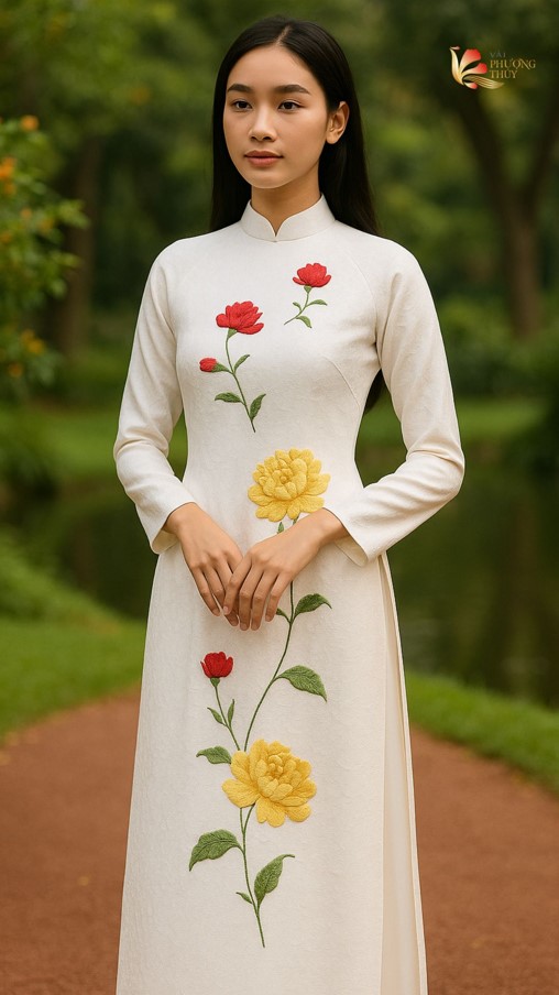 Áo dài gấm trắng thêu tay