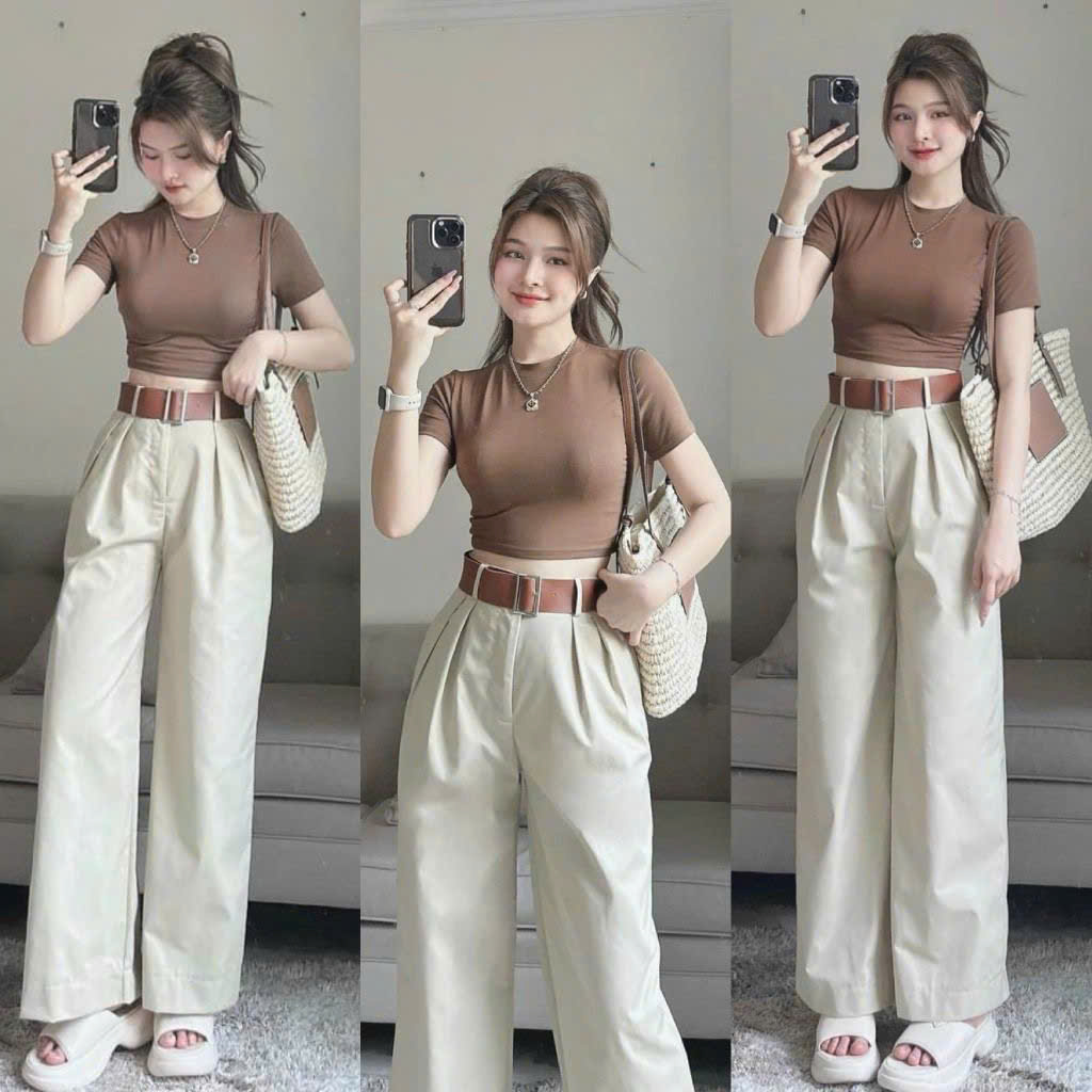 Áo vải thun tăm phối quần kaki ống suông