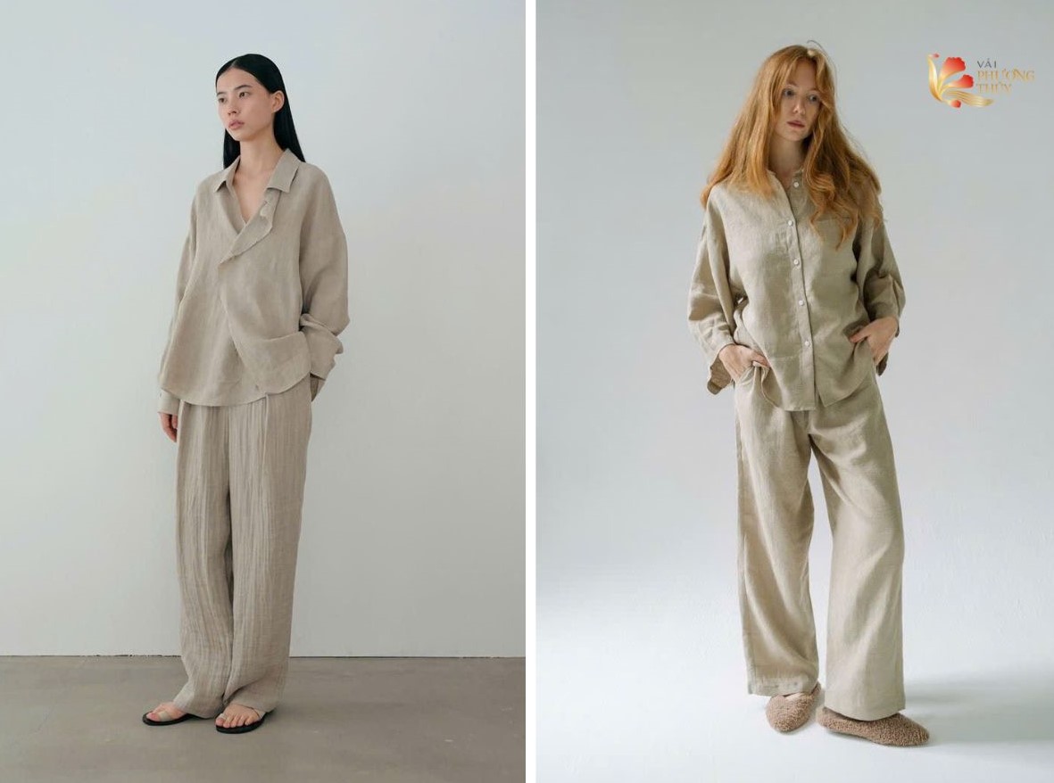 Set áo sơ mi quần ống suông vải linen 