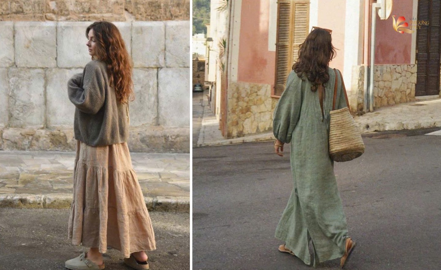 Vải linen may đầm váy nữ dáng dài phong cách vintage cổ điển
