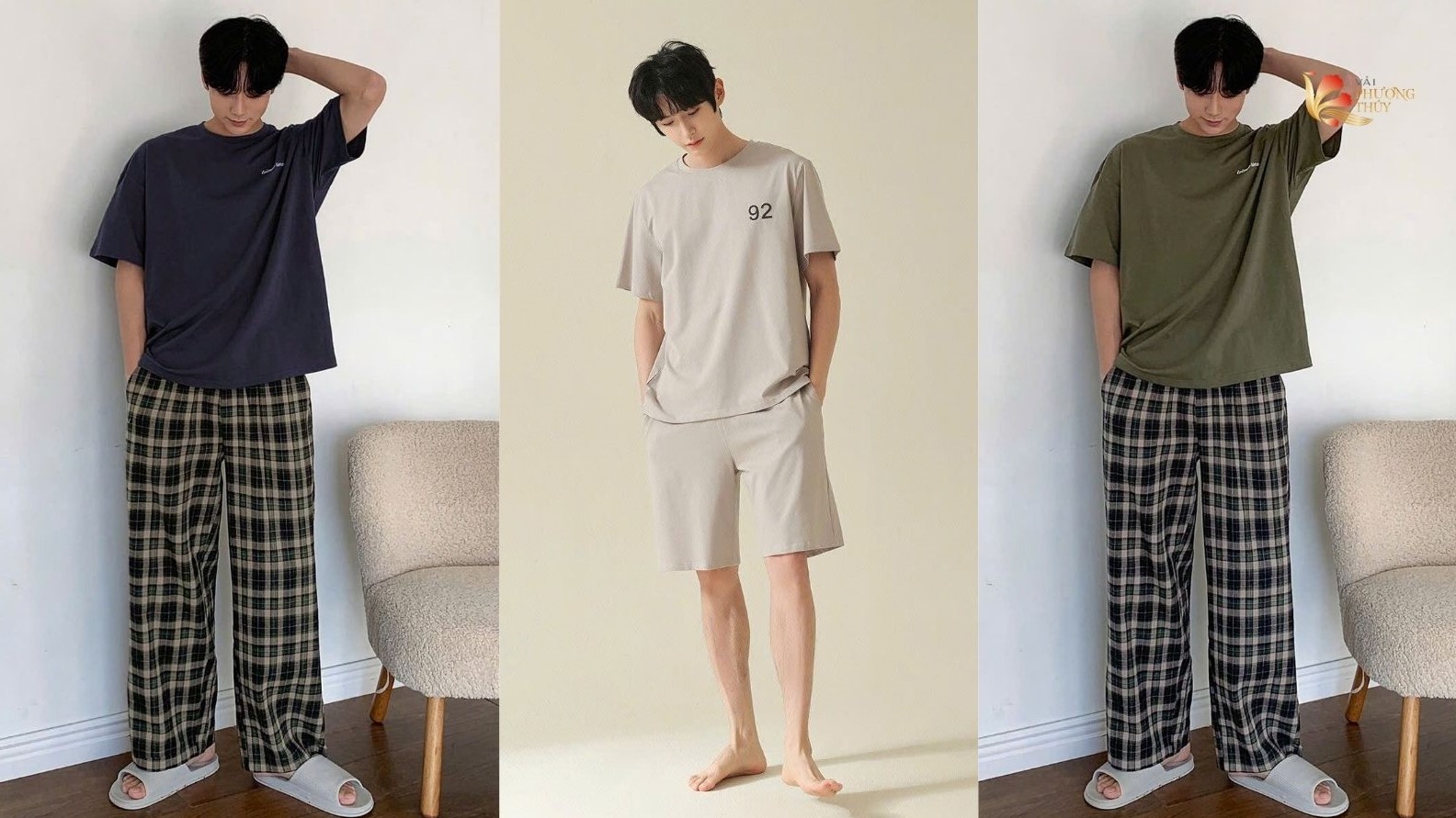 Đồ bộ mặc nhà dành cho nam áo thun & quần ống suông kẻ caro