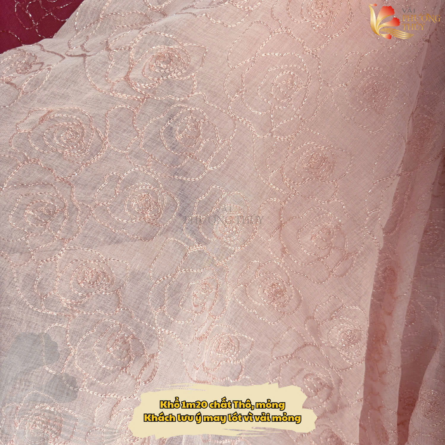 Vải thô ren thêu hoa hồng Phượng Thúy màu cam sữa