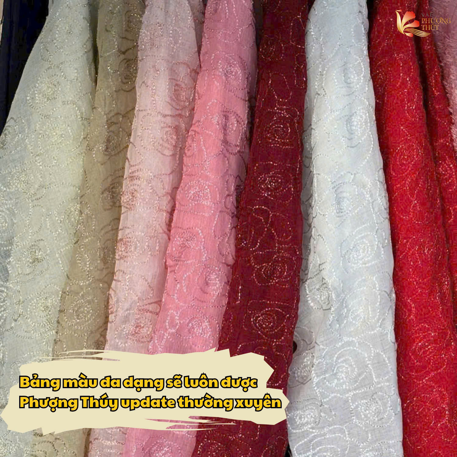 Vải thô ren thêu hoa hồng ánh kim Phượng Thúy - khổ 1m20