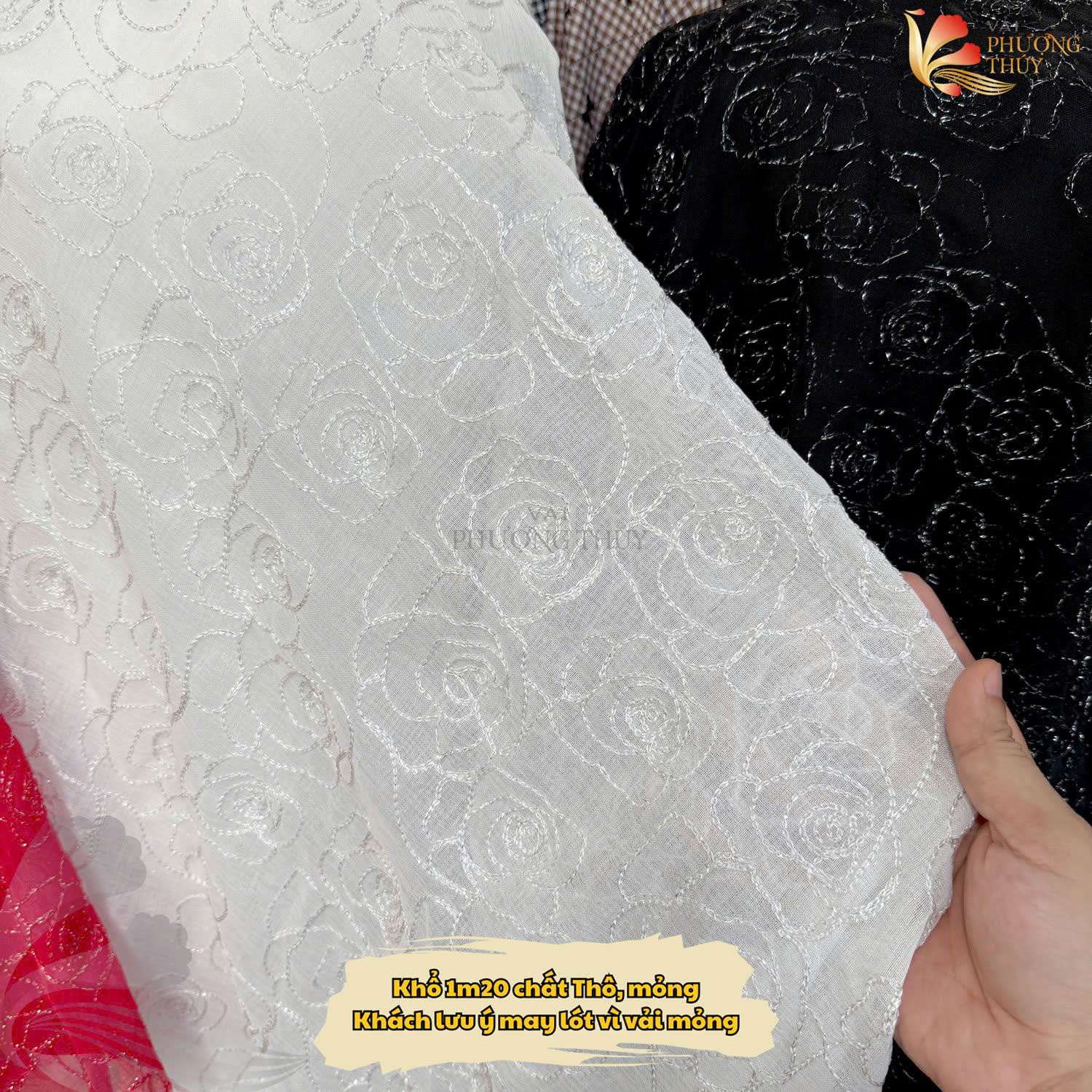 Vải thô ren thêu hoa hồng trắng - Vải Phượng Thúy