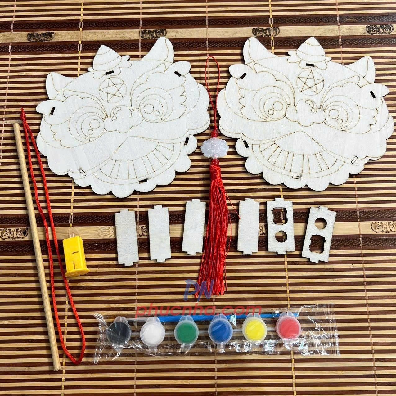 Set lồng đèn trung thu bằng gỗ tự tô màu cho bé (đủ phụ kiện đèn led, tua rua, màu, tay cầm) - Tết trung thu