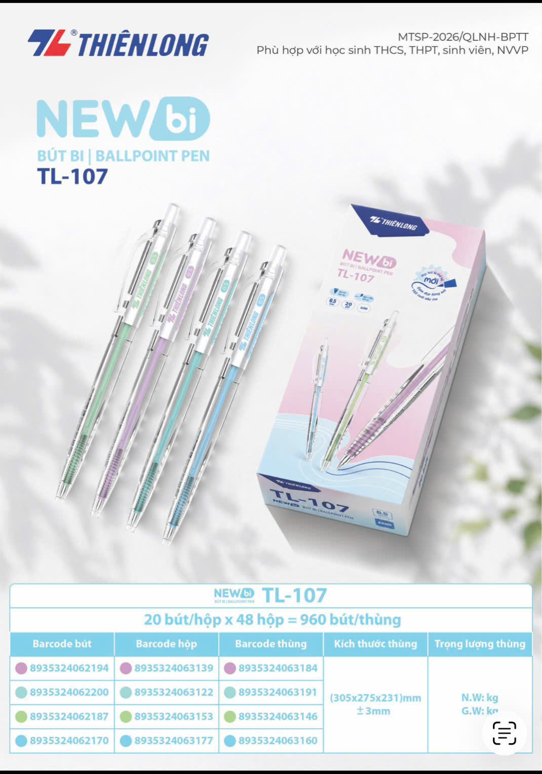 Bút bi Thiên Long TL-107 / TL107 0.5mm Newbi 4 màu thân thời trang - Mực Xanh