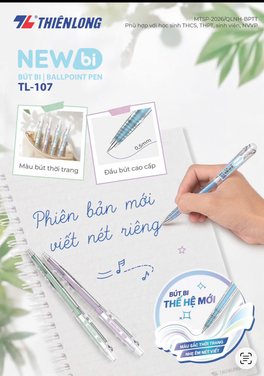 Bút bi Thiên Long TL-107 / TL107 0.5mm Newbi 4 màu thân thời trang - Mực Xanh