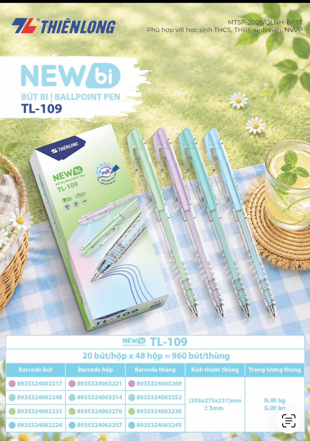 Bút bi Thiên Long TL-109 / TL109 0.5mm 4 màu thân thời trang - Mực Xanh
