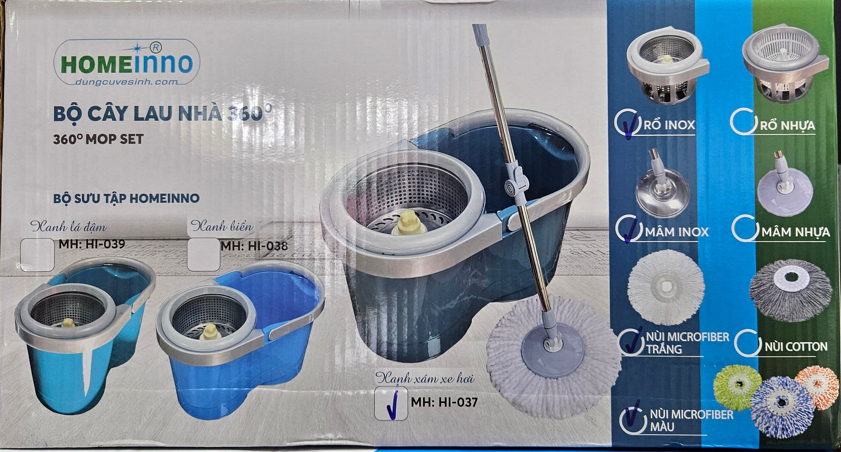Bộ lau nhà 360 Homeinno Loại Tròn - Rổ Inox - Mâm Inox - Nùi microfiber HI037/ HI038/ HI039/ HI040/ HI041/ HI042