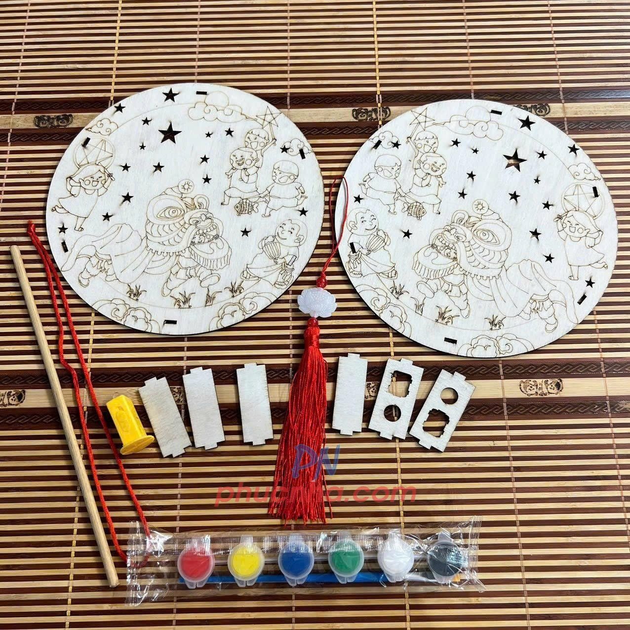 Set lồng đèn trung thu bằng gỗ tự tô màu cho bé (đủ phụ kiện đèn led, tua rua, màu, tay cầm) - Tết trung thu