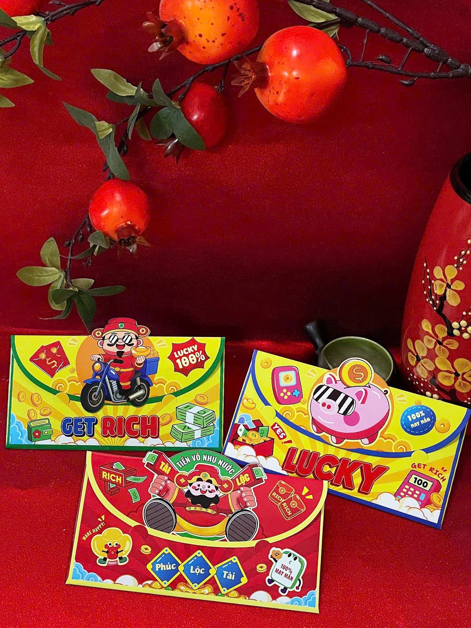 Bao lì xì nắp gấp nổi 1 lớp ngang 9x17cm (3 cái/ túi)