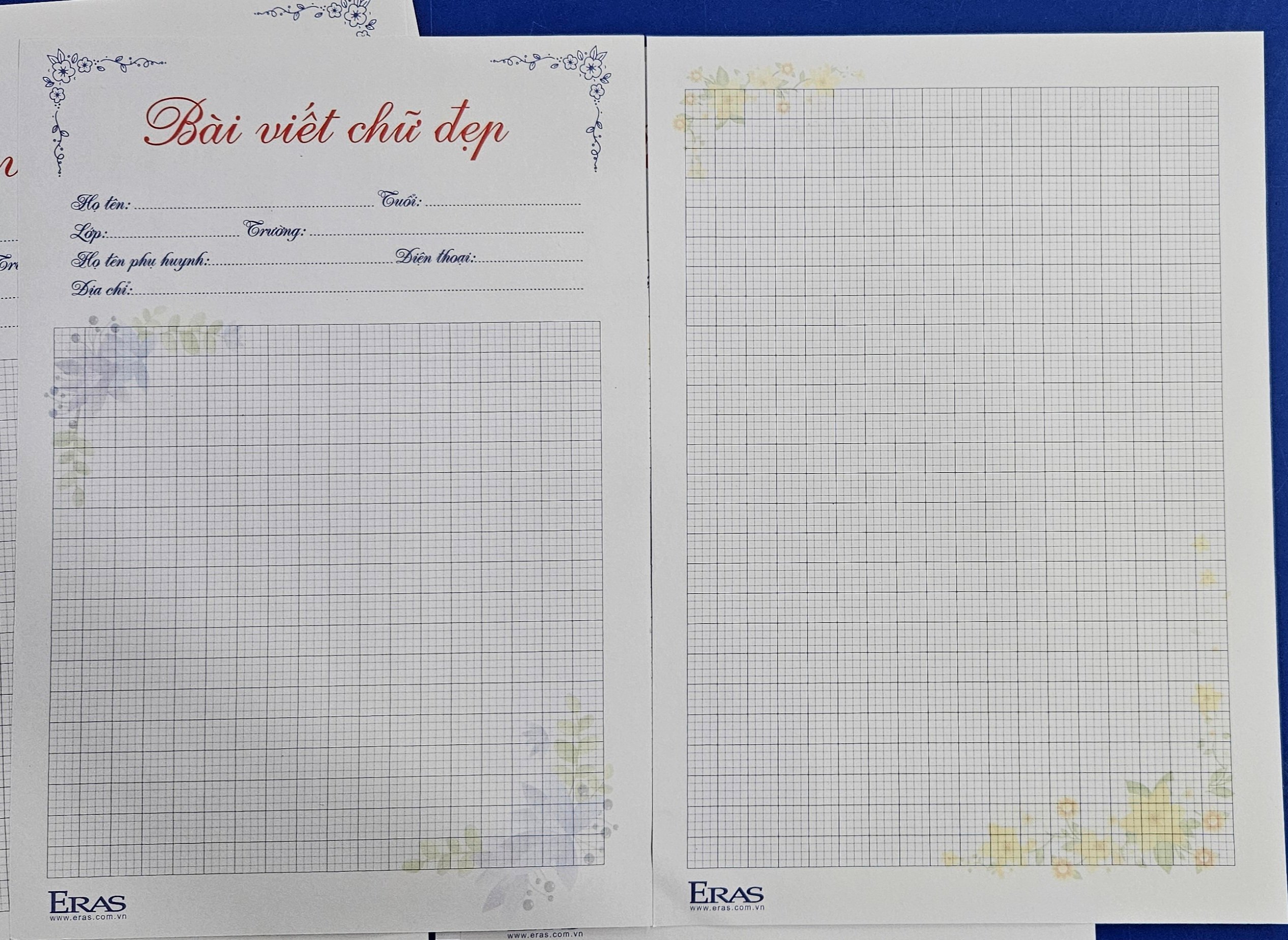 Giấy luyện viết chữ đẹp A4 120gsm Eras E758 4 ô ly 2 mặt (2.5x2.5mm), có in bài viết chữ đẹp (20 tờ/ xấp)