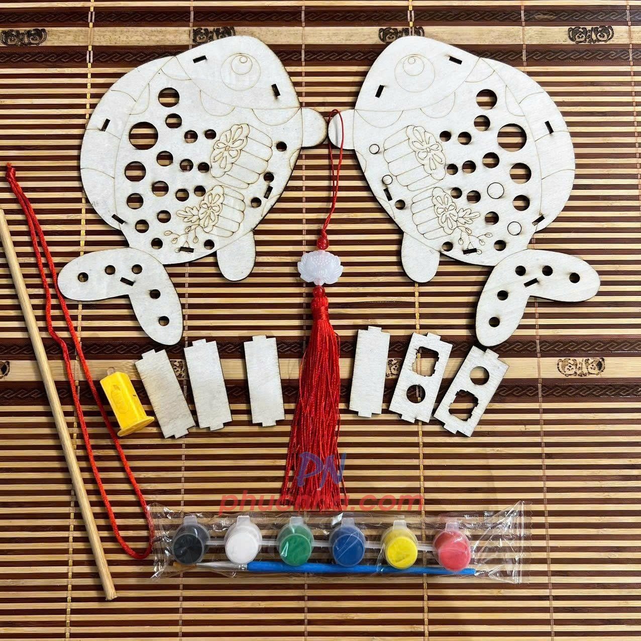 Set lồng đèn trung thu bằng gỗ tự tô màu cho bé (đủ phụ kiện đèn led, tua rua, màu, tay cầm) - Tết trung thu