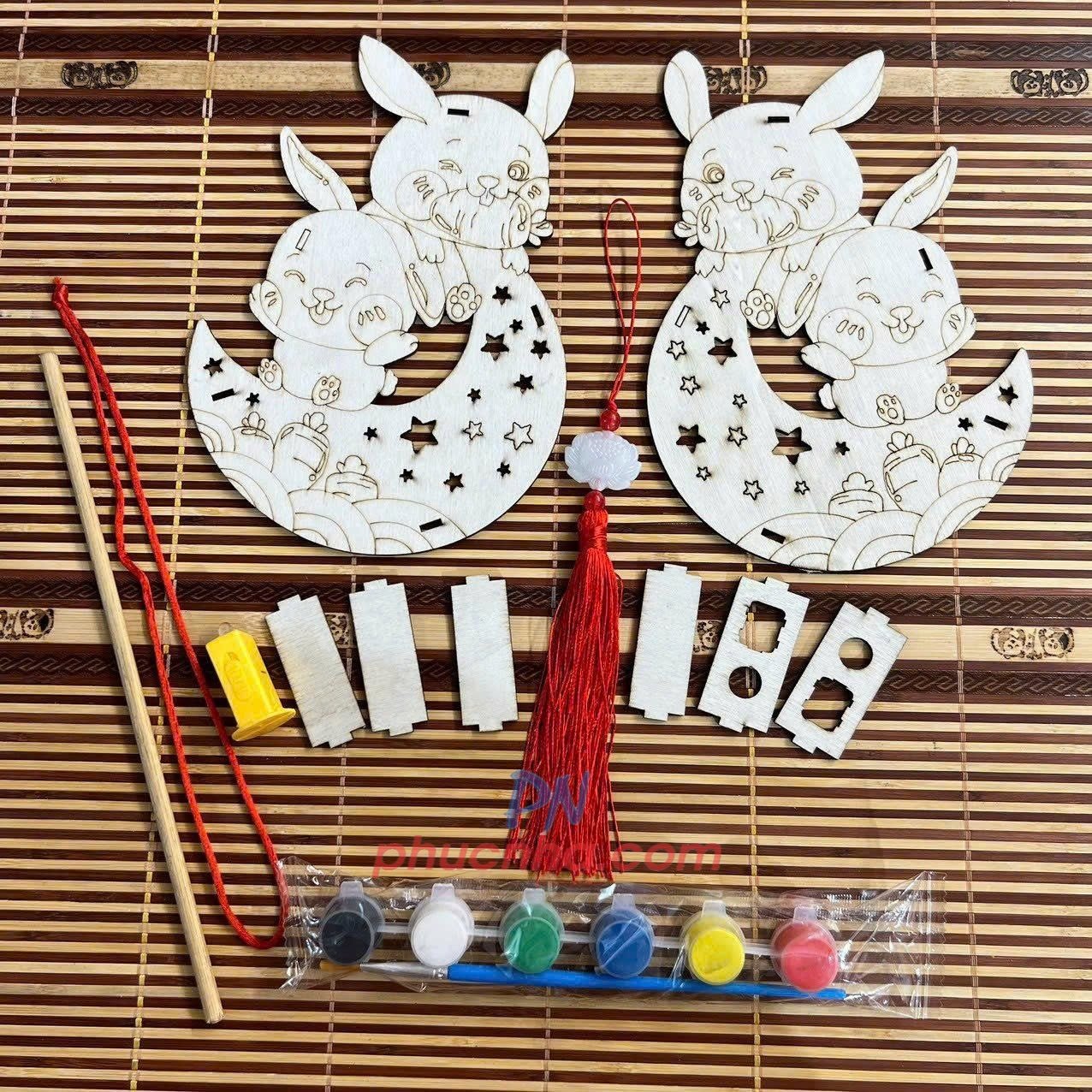 Set lồng đèn trung thu bằng gỗ tự tô màu cho bé (đủ phụ kiện đèn led, tua rua, màu, tay cầm) - Tết trung thu